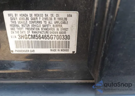 2005 Honda Accord 2.4 Lx from USA, damaged, VIN 3HGCM56465G700330